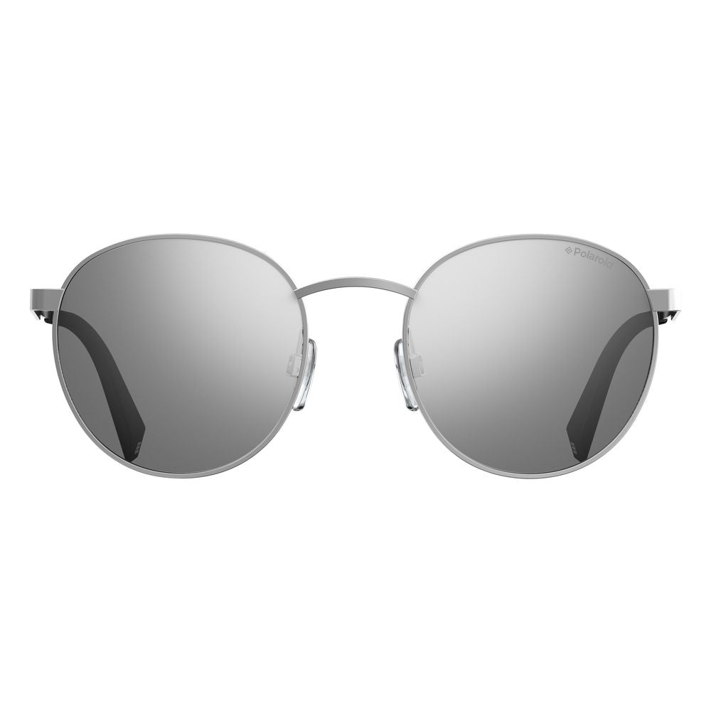 Front view of Polaroid silver metal sunglasses, unisex design, polarized lenses, model PLD2053S010EX, with grey color and measurements 51/14/135mm.