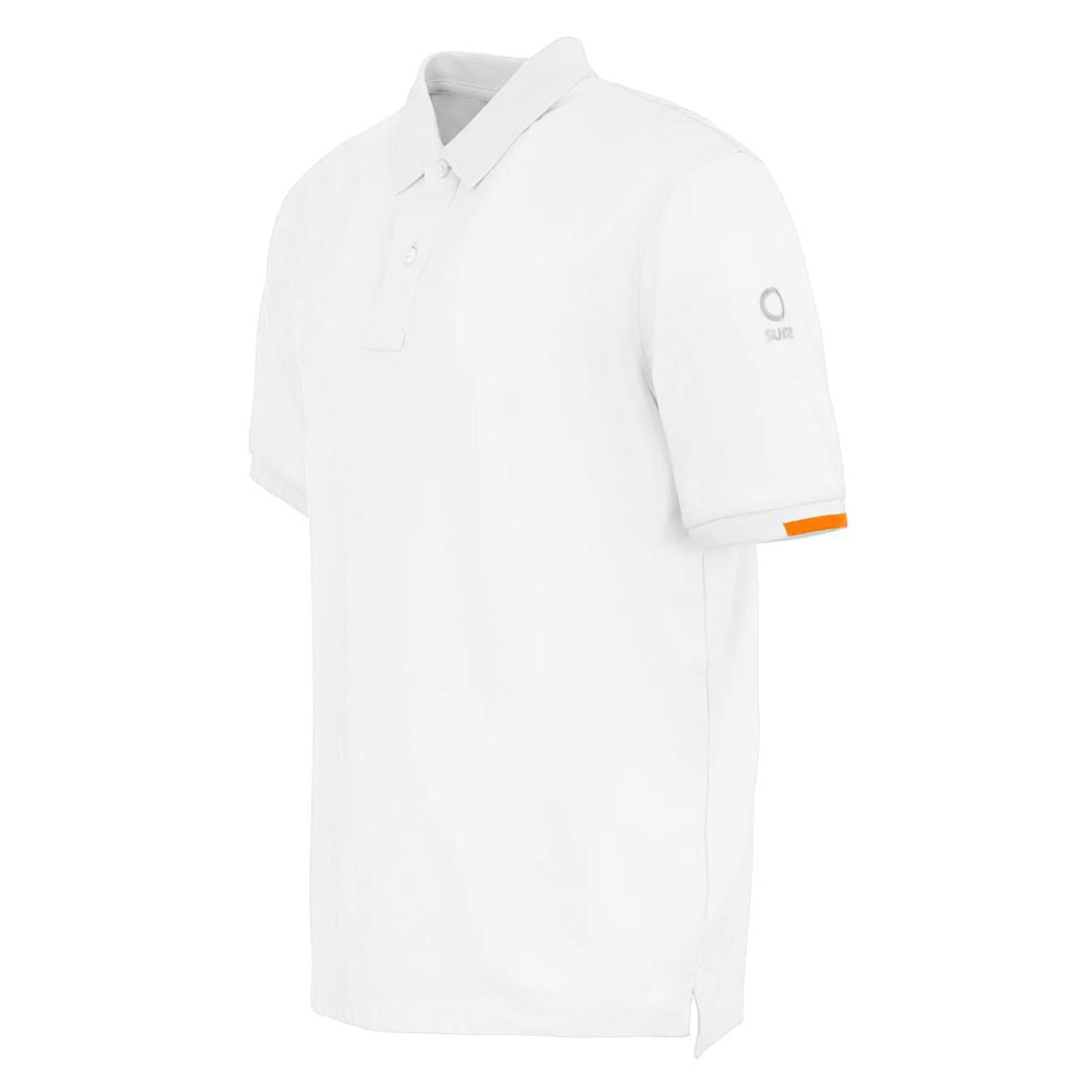 White cotton polo shirt by Suns featuring a classic collar design, short sleeves, and subtle branding on the sleeve.