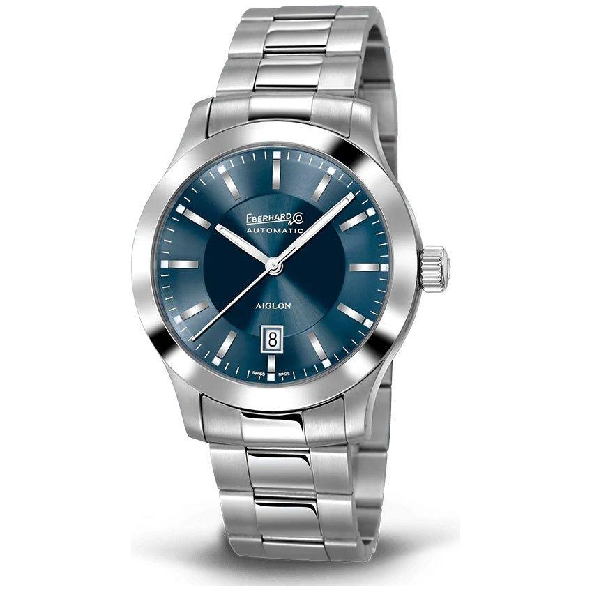 EBERHARD Aiglon Grande Taille stainless steel wristwatch with blue dial, 41mm case, and automatic movement for men. Water-resistant 10 ATM.