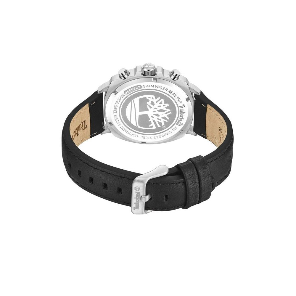 Back view of Timberland watch with black leather strap, stainless steel case, and buckle closure.