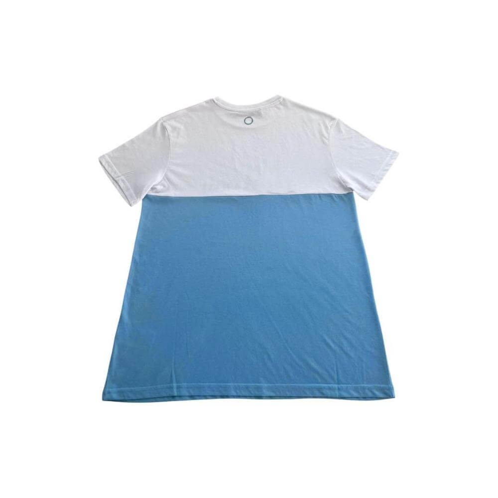 Back view of Trussardi Beachwear light blue cotton men's T-shirt with white top and crew neck.