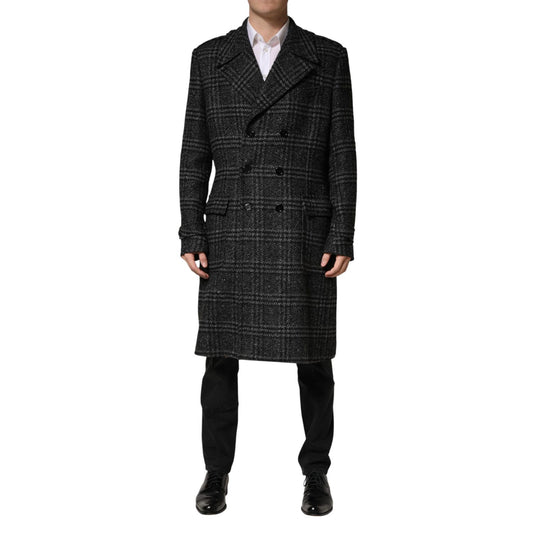 Dolce & Gabbana Grey Double Breasted Plaid Wool Coat Jacket