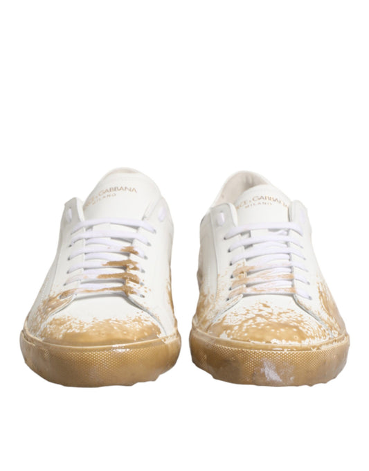 Dolce & Gabbana White Leather Paint Effect Low Top Sneakers Shoes