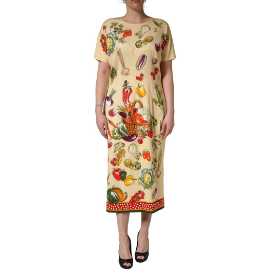 Dolce & Gabbana Beige Fruit PolkaDot Sheath Silk Midi Dress