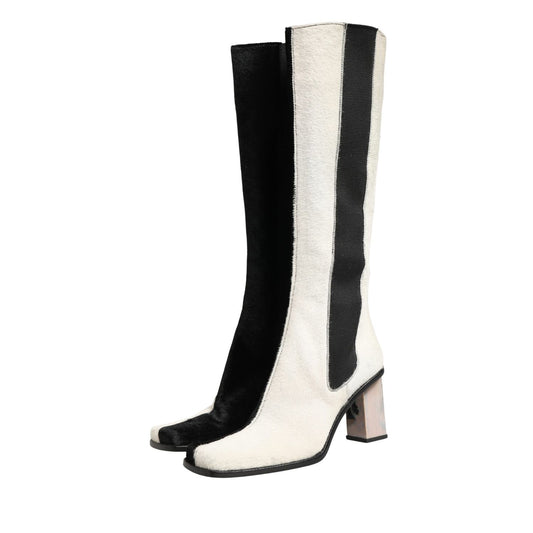 Dolce & Gabbana White Black Leather Knee High Boots Shoes 1728,67345645728,Black/White,Boots - Shoes,Dolce & Gabbana,EU39/US8.5,EU40/US9.5,Material: Leather,Over The Knee - Boots - Shoes,Preowned / Defect,Shoes,Women