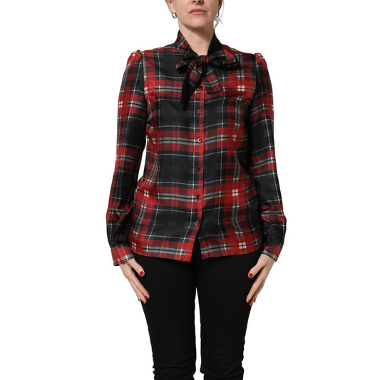 Dolce & Gabbana Red Black Plaid Silk Tie-Neck Blouse Top