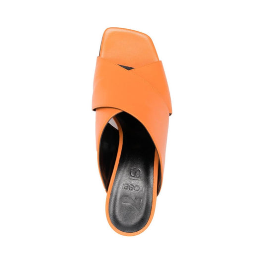 Top view of SI ROSSI orange leather mules with square toe, multi-way straps, high block heel, and branded insole.