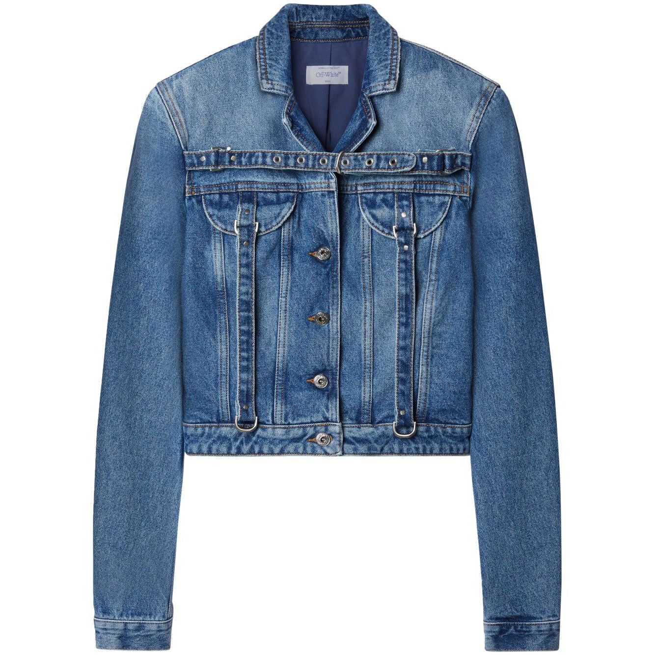 Off White Crop Denim Jacket With Belt