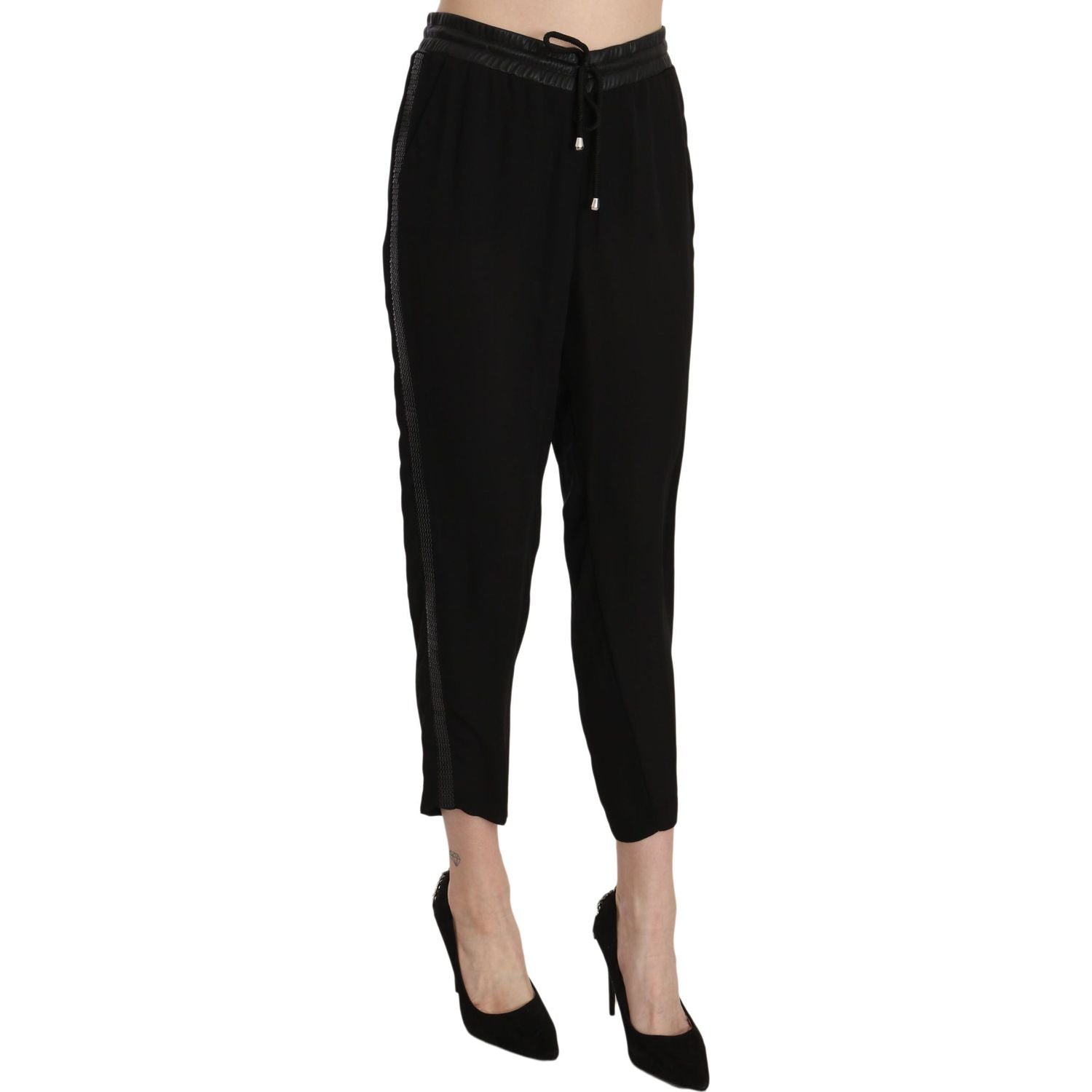 Guess Black Polyester High Waist Cropped Trousers Pants