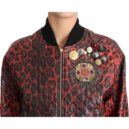 Dolce & Gabbana Red Leopard Button Crystal Leather Jacket Coats & Jackets