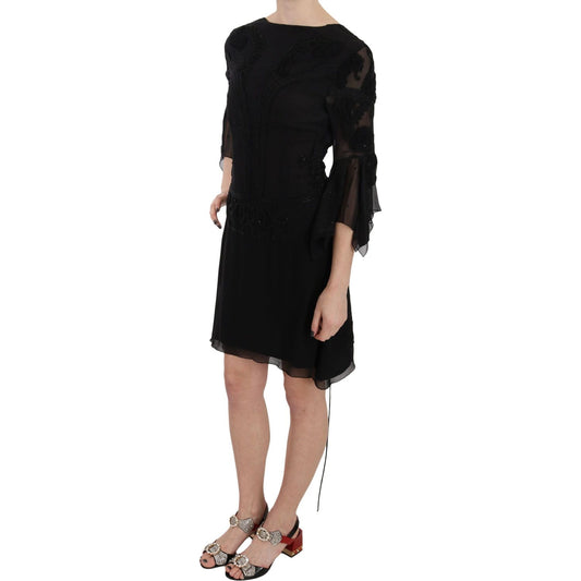John Richmond Black Sequined Silk Mini Shift Gown DR1672-44