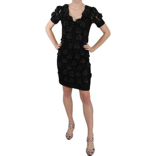 John Richmond Black Silk Leather Flowers Sheath Dress DR1677BG-42