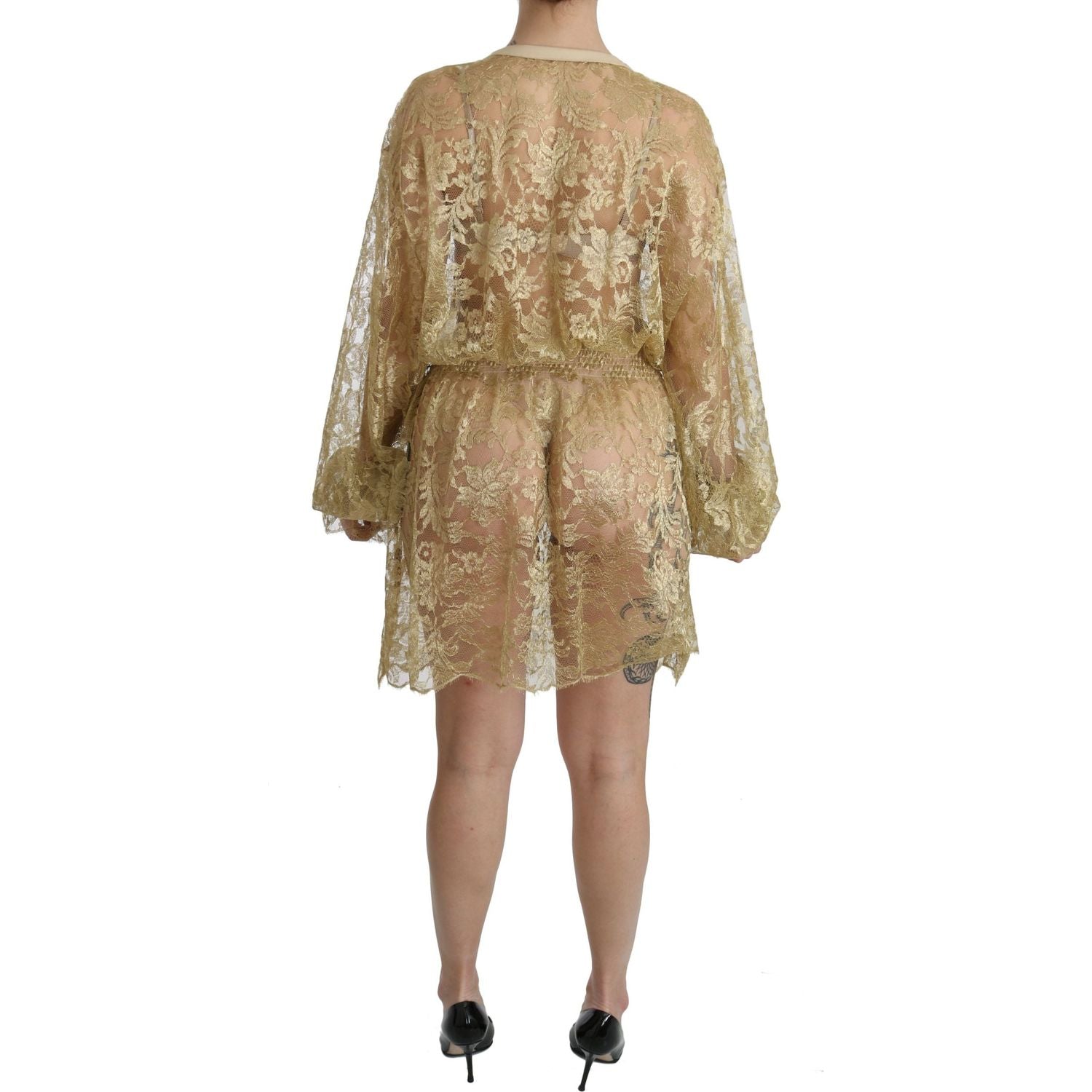 Dolce & Gabbana Gold Lace See Through A-Line Knee Length Dress