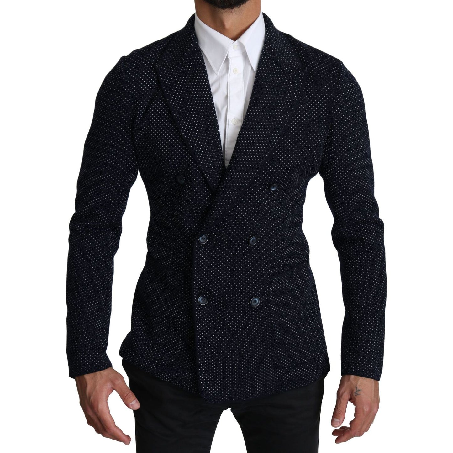 Dolce & Gabbana Dark Blue Dotted Double Breasted Coat Blazer