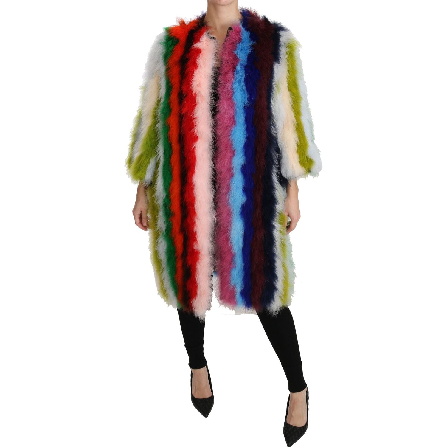 Dolce & Gabbana Multicolor Turkey Feather Cape Fur Coat