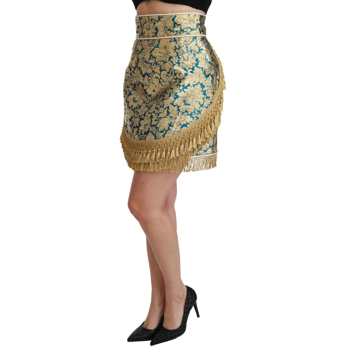 Dolce & Gabbana Blue High Waist Jacquard Tassel Gold Skirt
