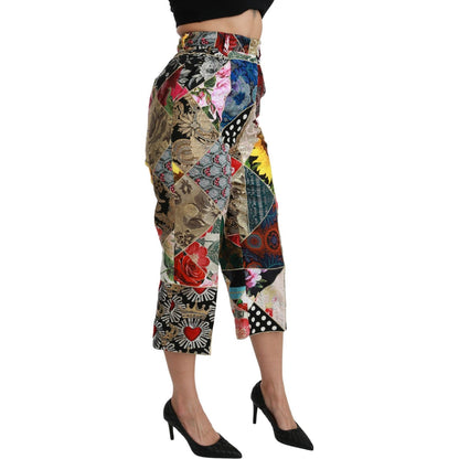Dolce & Gabbana Silk Multicolor Print High Waist Cropped Pants