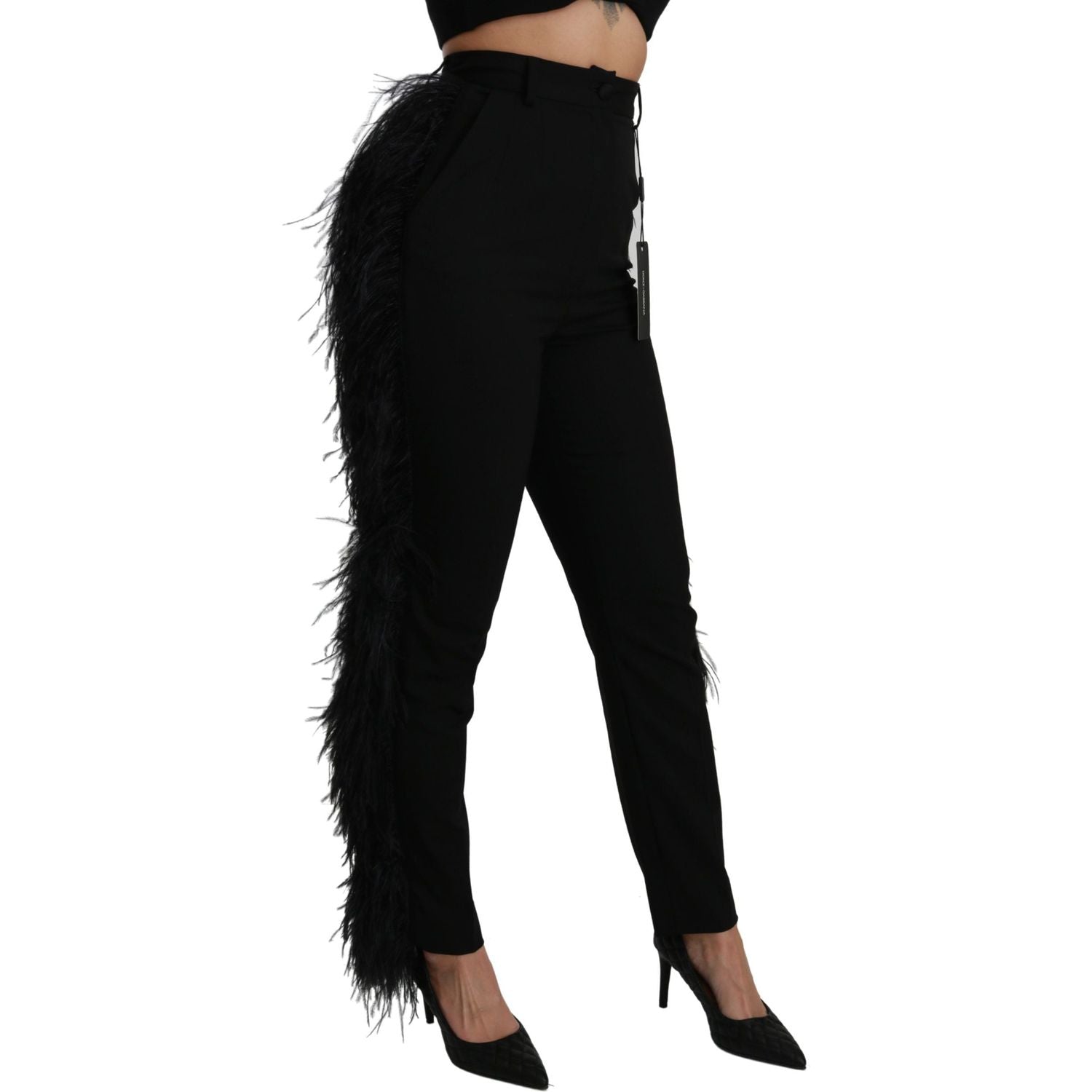 Dolce & Gabbana Black Feather Straight High Waist Wool Pants