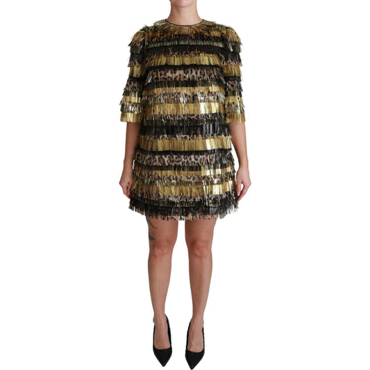 Dolce & Gabbana Polyester Black Gold Leopard Shift Mini Dress DR2508-40