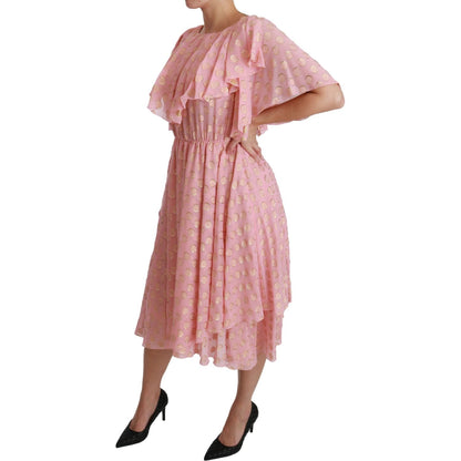Dolce & Gabbana Silk Pink Polka Dots Pleated A-line Midi Dress