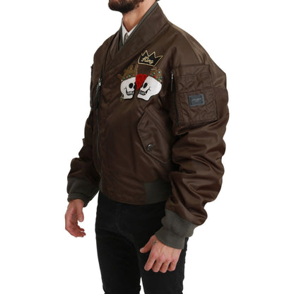 Dolce & Gabbana Brown Beaded Crown Skull Logo Jacket Coats & Jackets