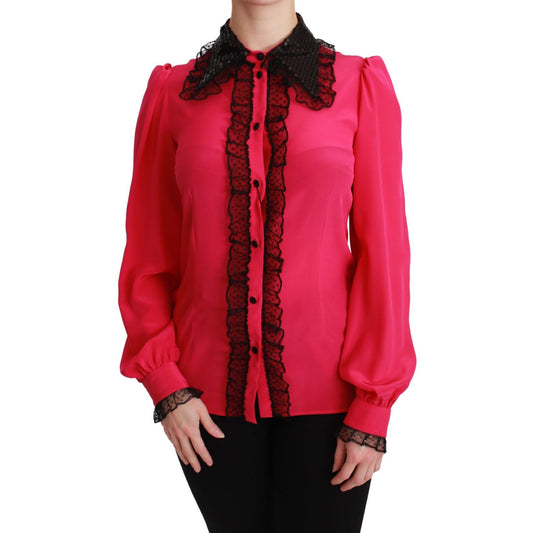 Dolce & Gabbana Pink Silk Black Sequin Lace Shirt Blouse