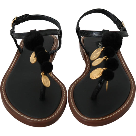 Dolce & Gabbana Pom Pom Flip Flop Ankle Strap Flats