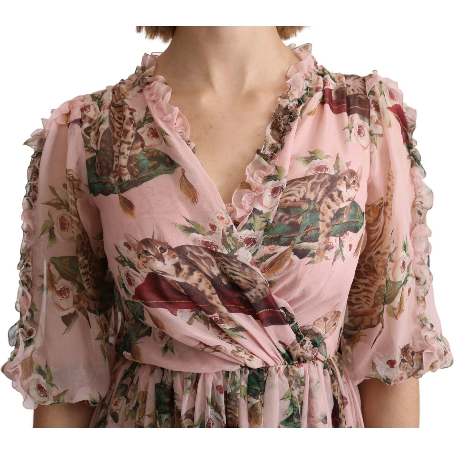 Dolce & Gabbana Pink Bengal Cat Print A-line Maxi Silk  Dress