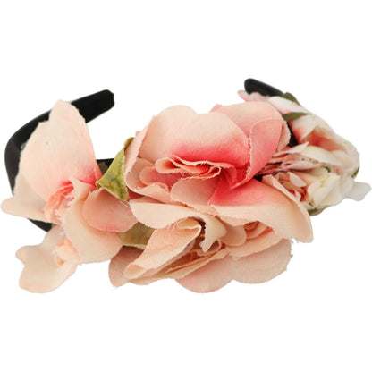 Dolce & Gabbana Pink Silk Black Floral Headband Logo Diadem