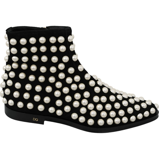 Dolce & Gabbana Black Suede Pearl Studs Boots Shoes LA7217-39