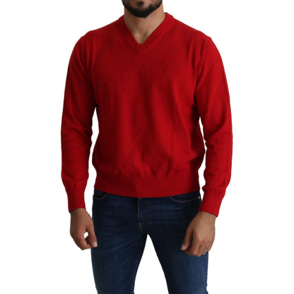 Billionaire Italian Couture Red V-neck Wool Sweatshirt Pullover Sweater