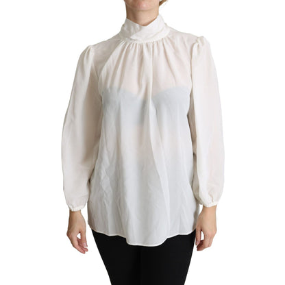 Dolce & Gabbana White Silk Pussy Bow Long Sleeved Top Blouse