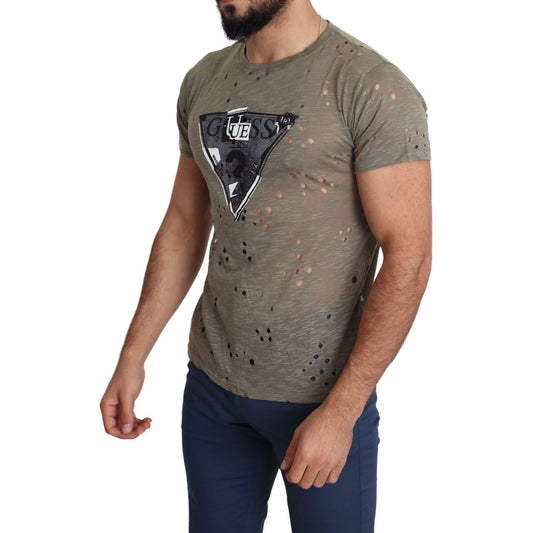 Guess Brown Cotton Stretch Logo Print Men Casual Perforated T-shirt TSH5079-M