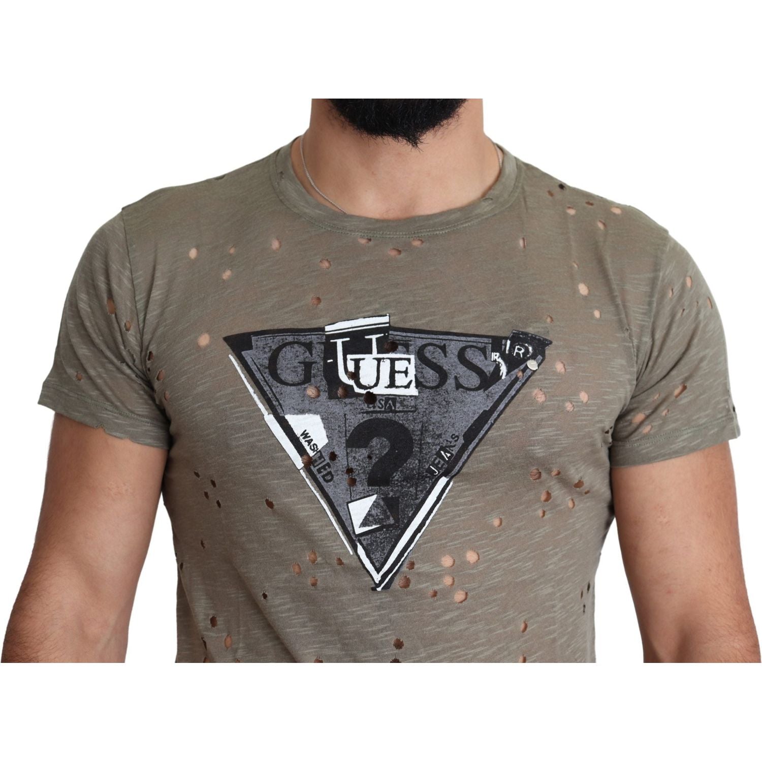 Guess Brown Cotton Stretch Logo Print Men Casual Perforated T-shirt