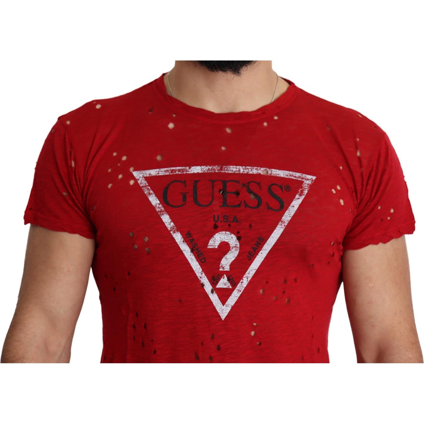 Guess Red Cotton Logo Print Men Casual Top Perforated T-shirt