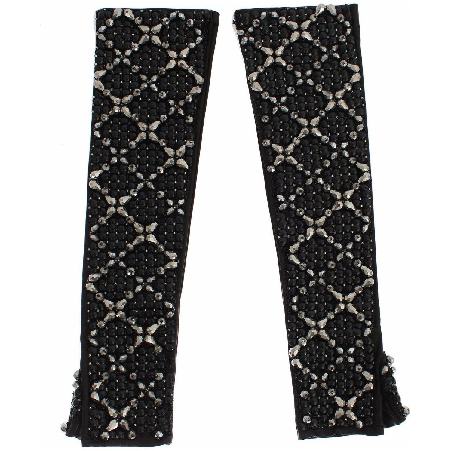 Dolce & Gabbana Black Leather Crystal Beaded Finger Free Gloves
