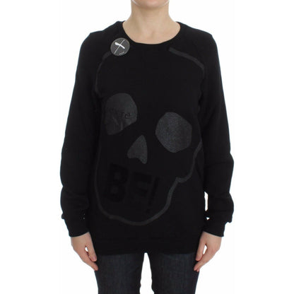 Exte Black Cotton Motive Print Crewneck Pullover Sweater