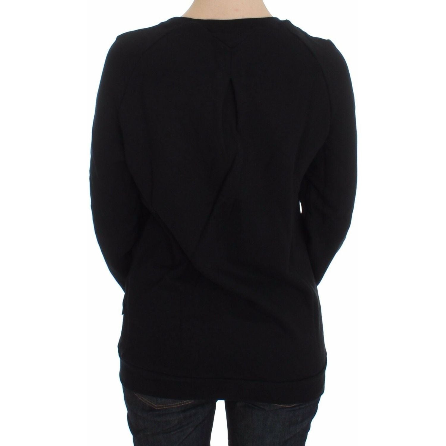 Exte Black Cotton Motive Print Crewneck Pullover Sweater