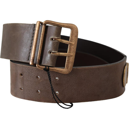 Ermanno Scervino Brown Leather Wide Bronze Buckle Waist Belt Belt