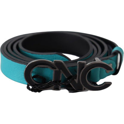 Costume National Blue Green Leather Logo Silver Buckle Belt Belt