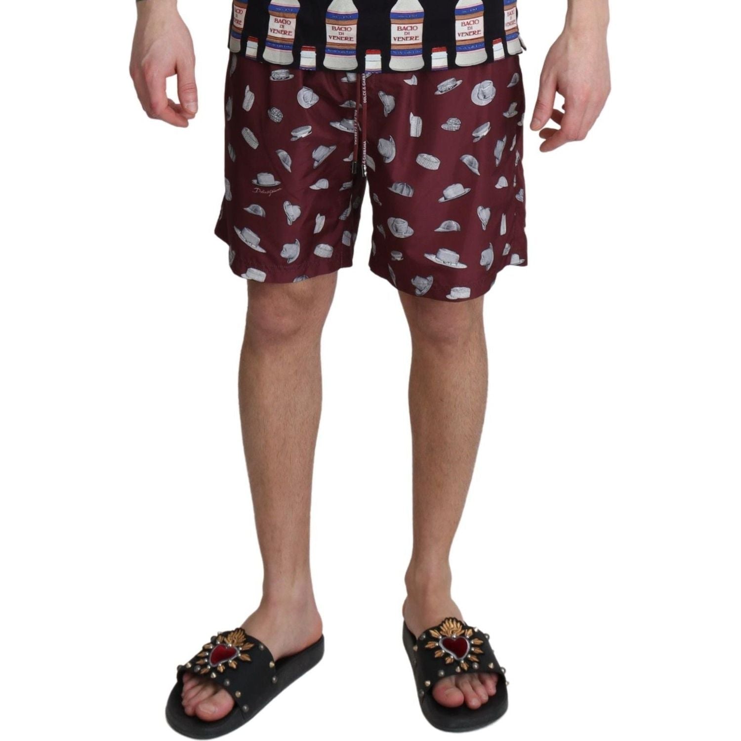 Dolce & Gabbana Maroon Hats Print Beachwear Shorts Swimwear