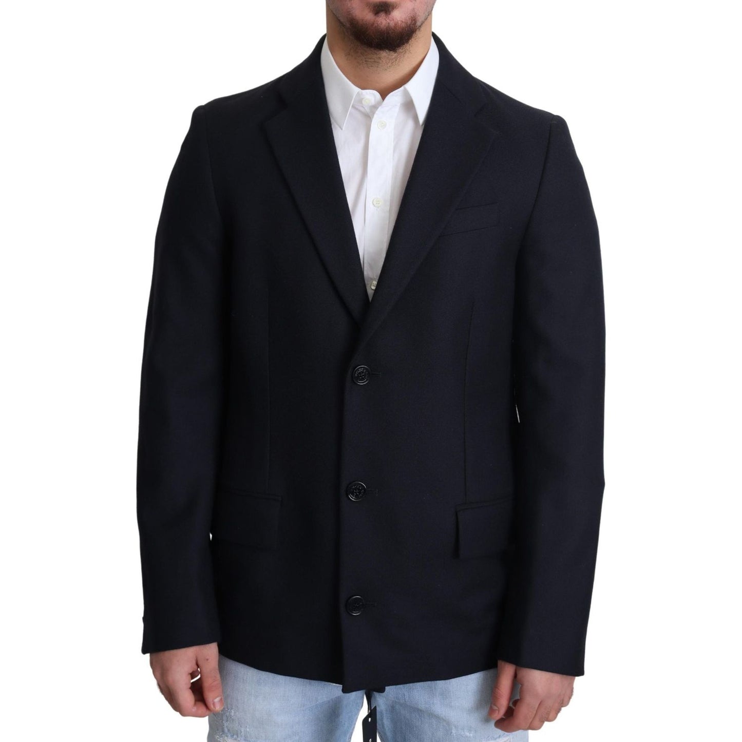 Dolce & Gabbana Dark Blue Wool Single Breasted Coat Jacket