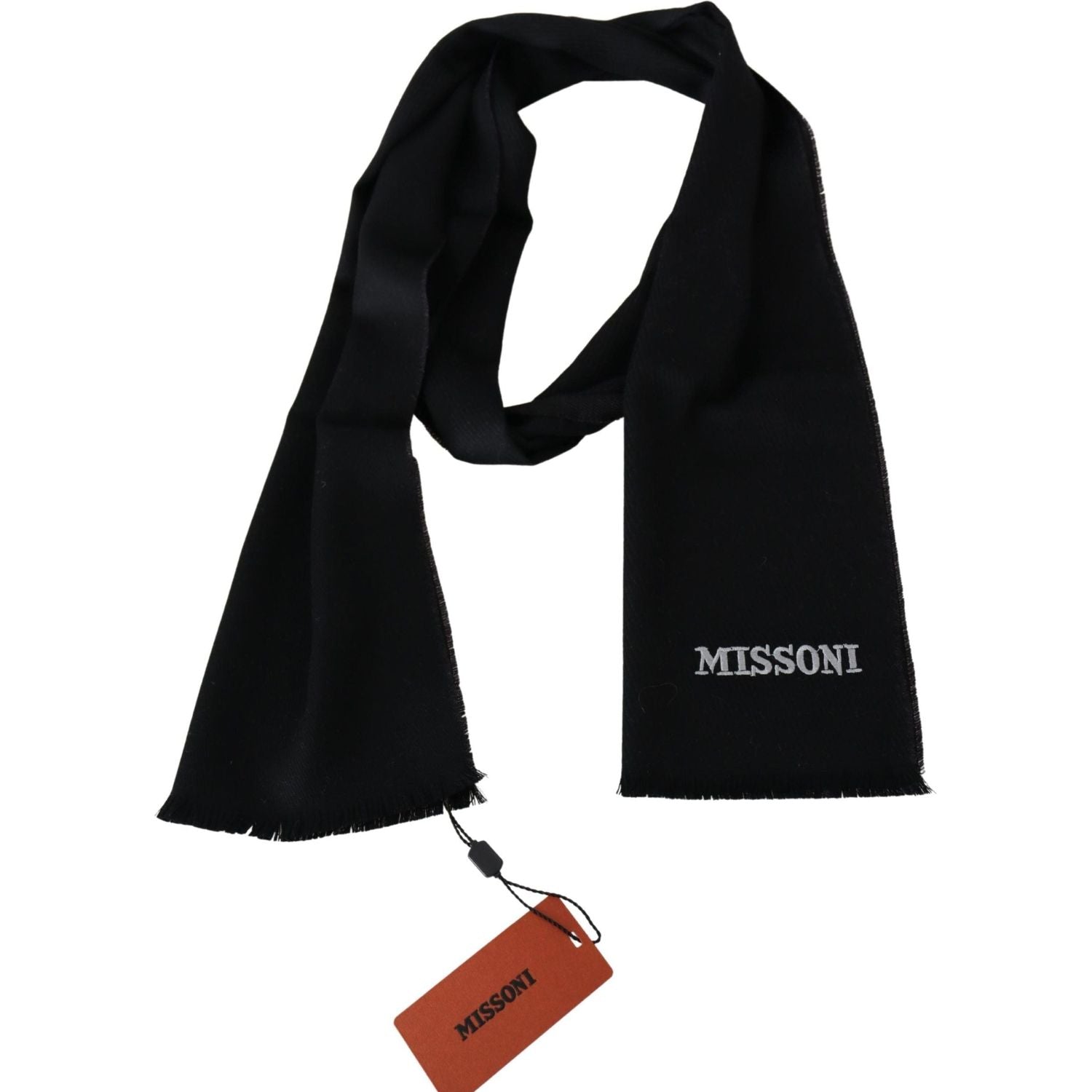 Missoni Black 100% Wool Unisex Neck Wrap Fringes Logo Scarf