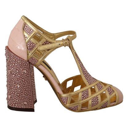 Dolce & Gabbana Pink Gold Leather Crystal Pumps T-strap Shoes