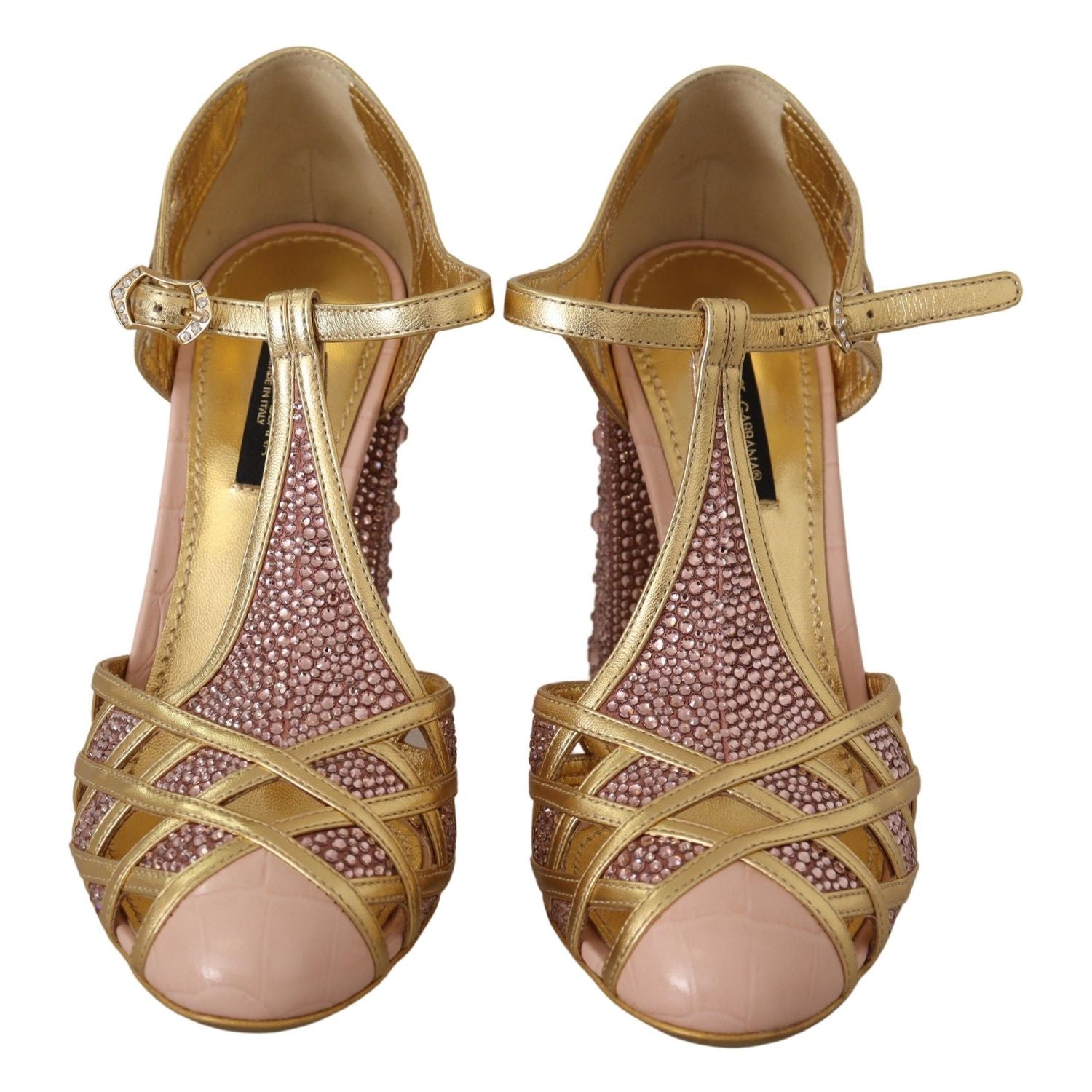 Dolce & Gabbana Pink Gold Leather Crystal Pumps T-strap Shoes