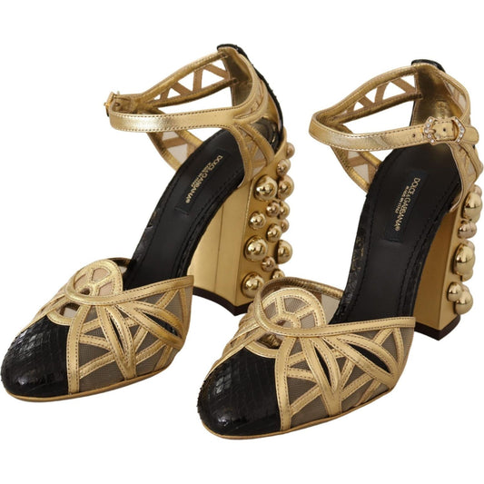 Dolce & Gabbana Black Gold Leather Studded Ankle Straps Shoes LA9019-35.5