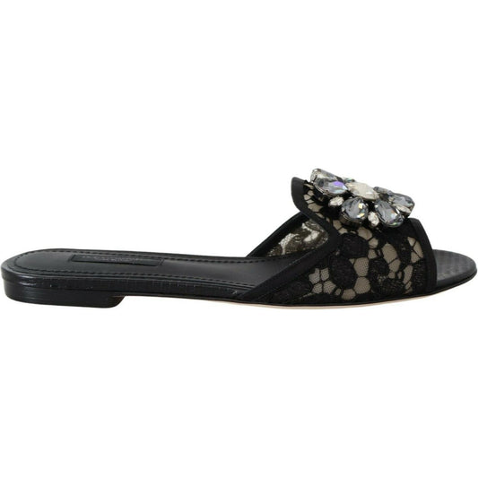 Dolce & Gabbana Black Taormina Lace Slides Crystals Flats Shoes LA8935-35.5