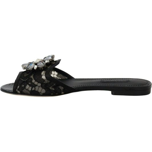 Dolce & Gabbana Black Taormina Lace Slides Crystals Flats Shoes LA8935-35.5
