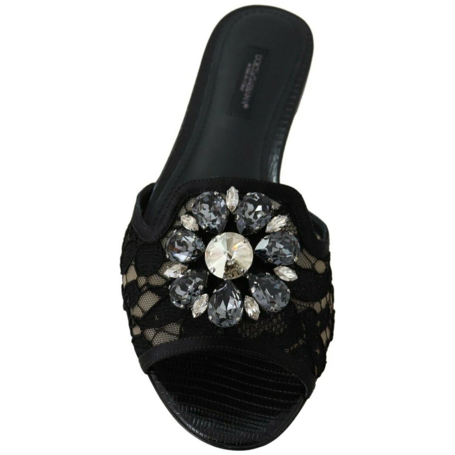 Dolce & Gabbana Black Taormina Lace Slides Crystals Flats Shoes LA8935-35.5