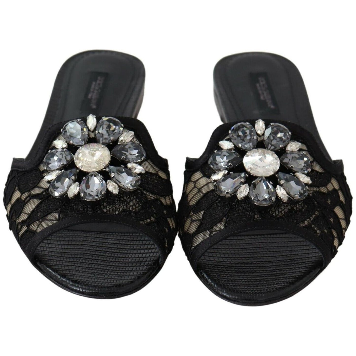 Dolce & Gabbana Black Taormina Lace Slides Crystals Flats Shoes